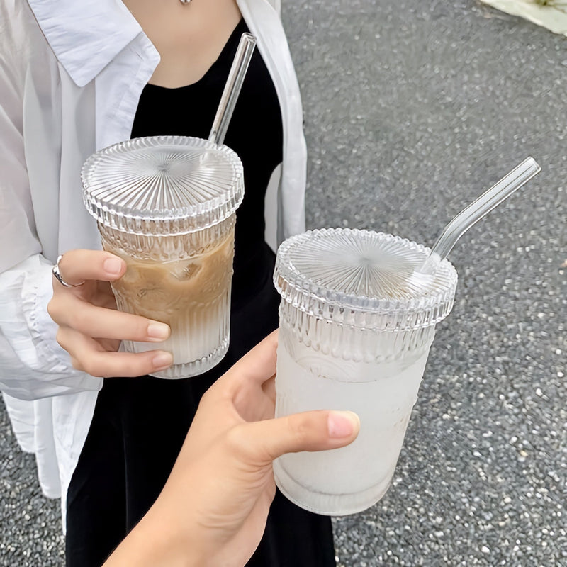 Flower Embossed Transparent Glass Cup With Lid and Straw - The House Of BLOC