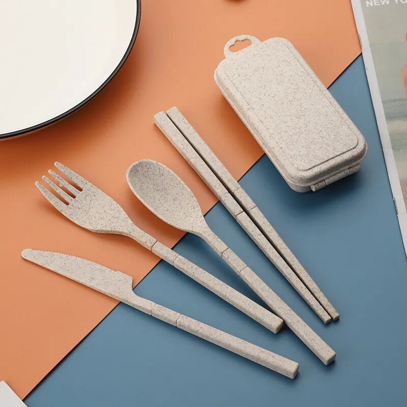 Foldable Wheat Straw Cutlery Set With Storage Box - The House Of BLOC