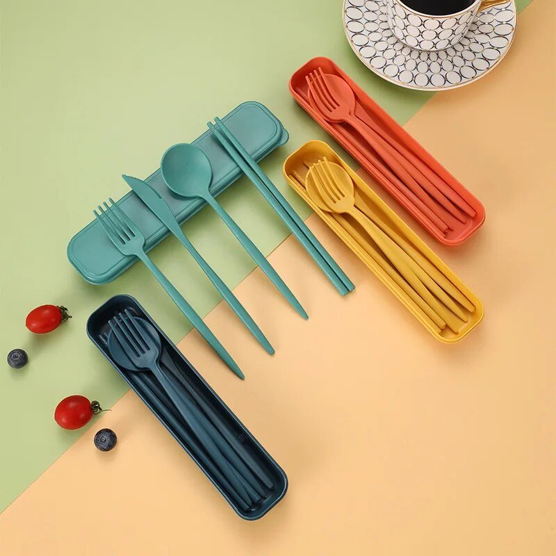 Four Piece Pastel Coloured Cutlery Set With Travel Box - The House Of BLOC