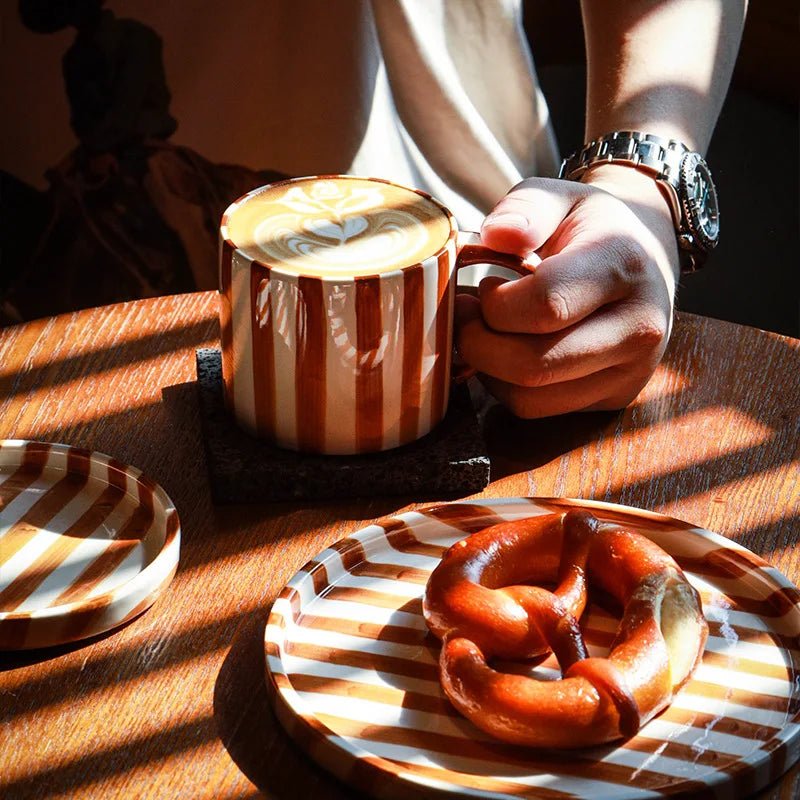 Hand Drawn Striped Ceramic Mug & Saucer Set - The House Of BLOC