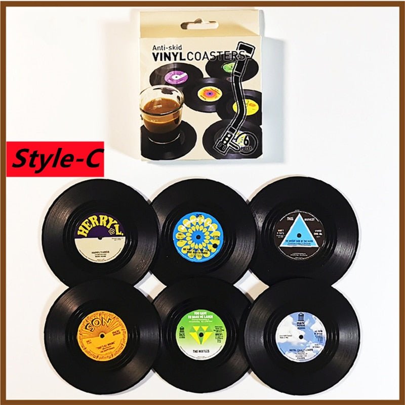 Six Piece Retro Style Vinyl Record Coaster Set - The House Of BLOC