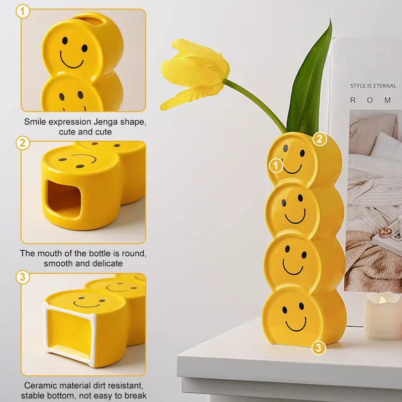 Smiling Faces Ceramic Vase With Artificial Flowers - The House Of BLOC