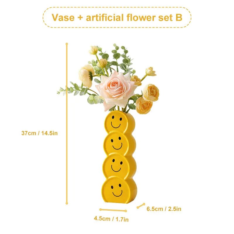 Smiling Faces Ceramic Vase With Artificial Flowers - The House Of BLOC