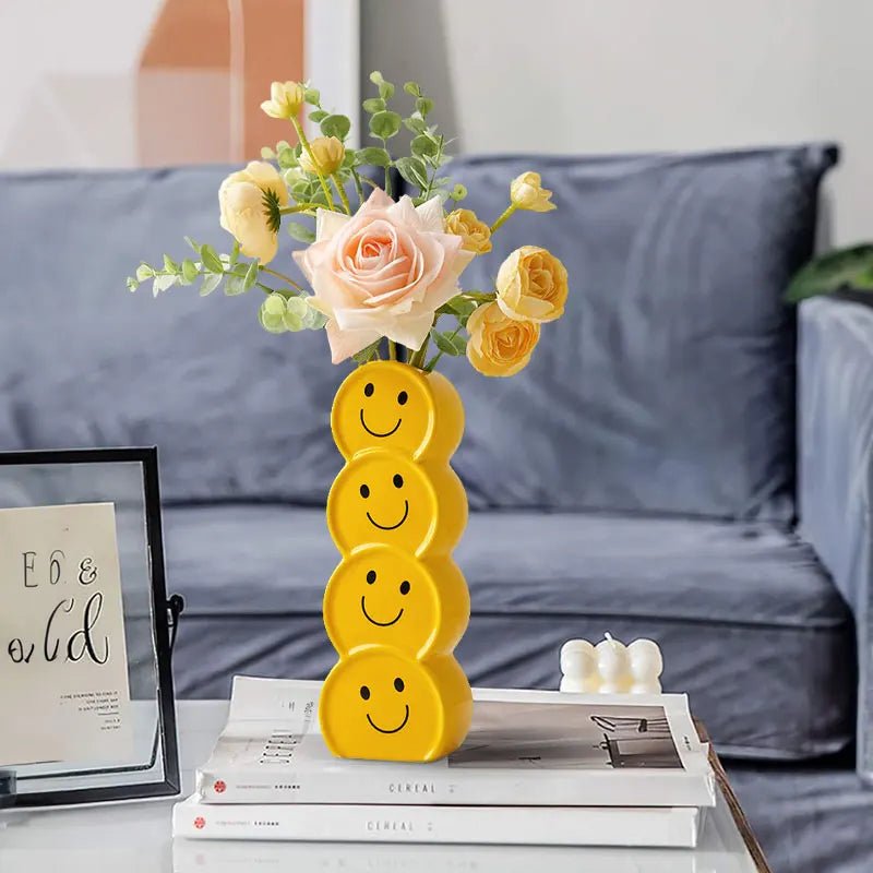 Smiling Faces Ceramic Vase With Artificial Flowers - The House Of BLOC