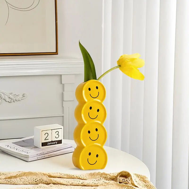 Smiling Faces Ceramic Vase With Artificial Flowers - The House Of BLOC