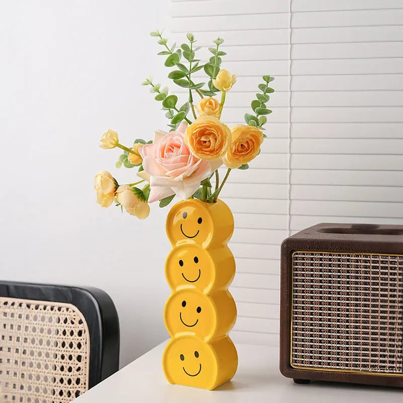 Smiling Faces Ceramic Vase With Artificial Flowers - The House Of BLOC