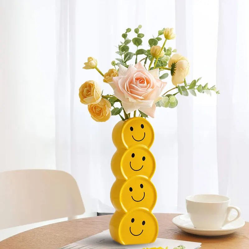 Smiling Faces Ceramic Vase With Artificial Flowers - The House Of BLOC